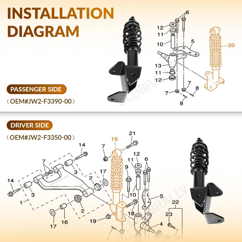 CLUBRALLY Front Shocks Absorber Set Applicable to Yamaha Drive G29 Golf Carts Passenger Side and Driver Side, OEM#JW2-F3390-00-00, JW2-F3350-00