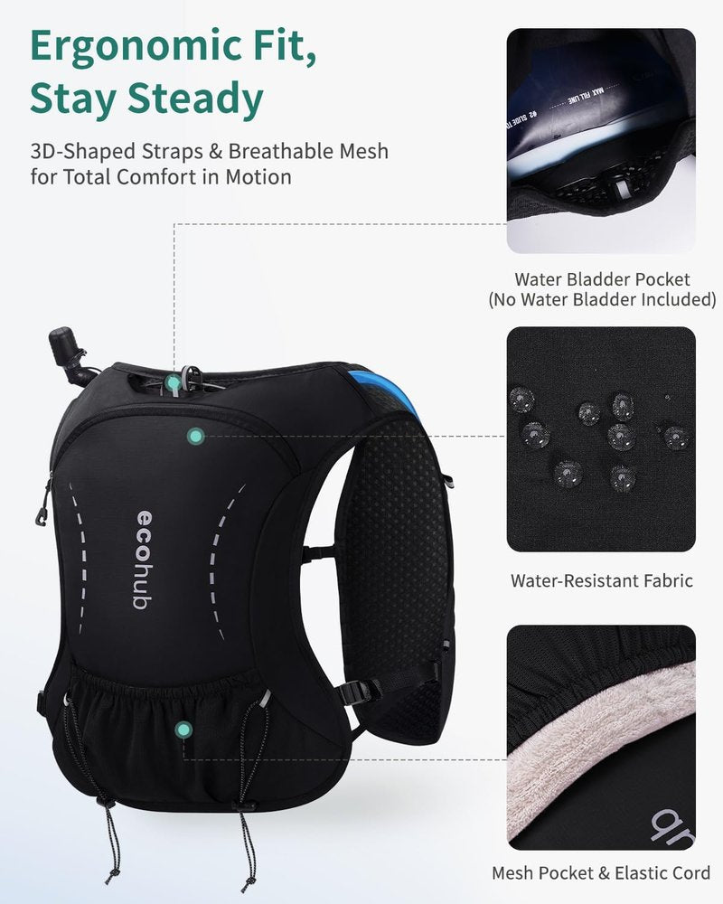 ECOHUB Running Hydration Vest Backpack with 2*500ML Soft Flask, Lightweight Trail Running Pack for Men Women, Adjustable No Bounce Hydration Backpack for Marathon Hiking Cycling (Black)