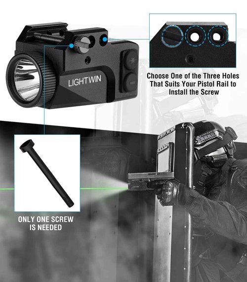 LIGHTWIN Gun Laser Light Combo, Green Laser with Tactical 600 Lumens Flashlight, Compact USB Rechargeable for Pistols Handguns