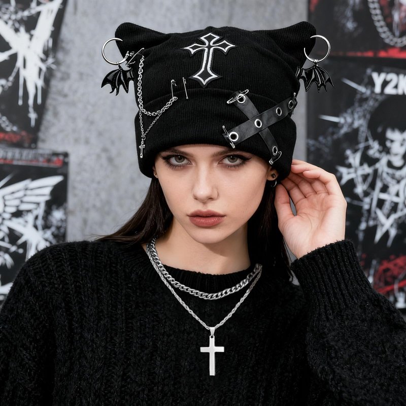 Goth Knitted Beanie Grunge Cat Ear Beanie Hat with Punk Necklace Grunge Arm Warmers for Women Y2K Streetwear Accessories Emo Crochet Hat