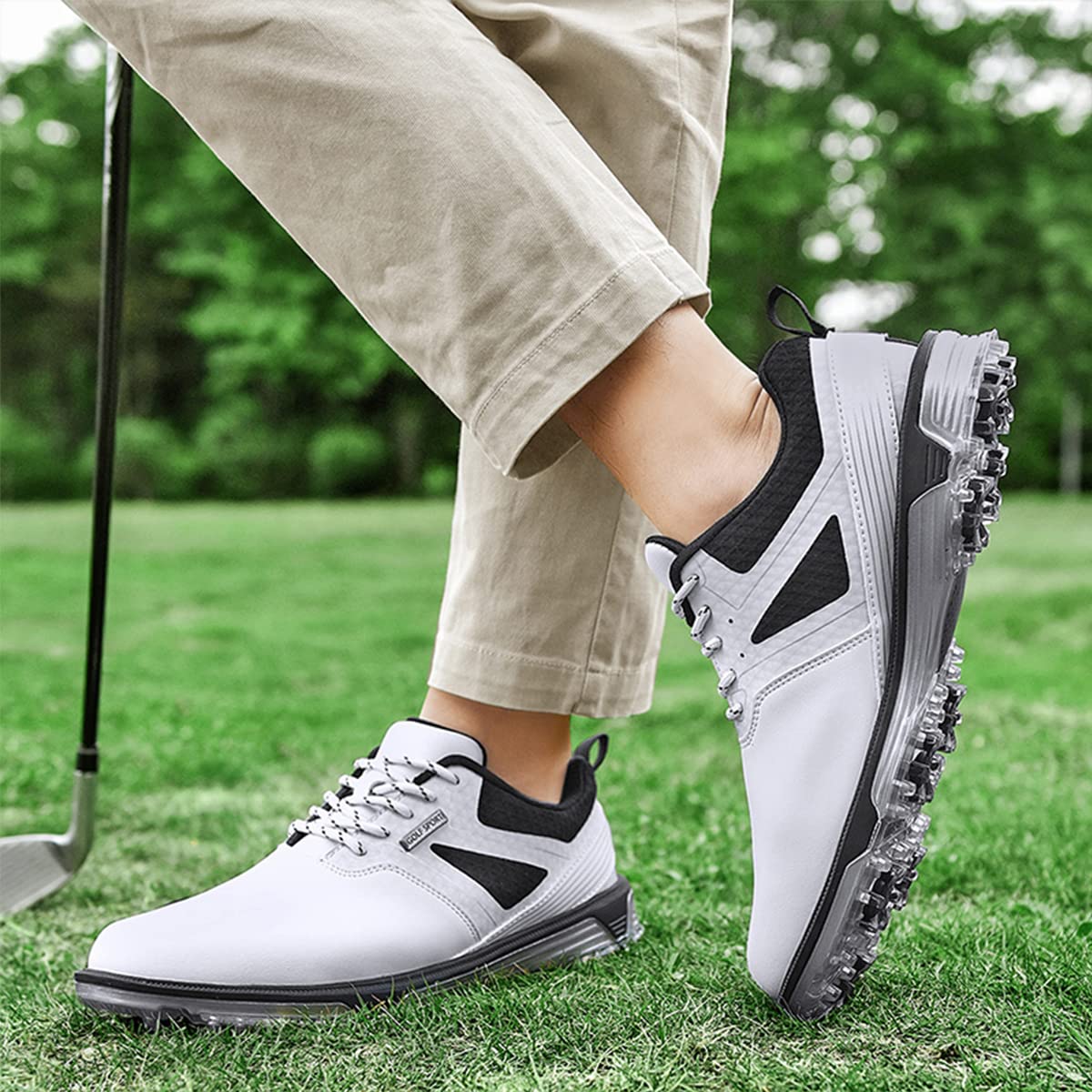 ULTIANT Men's Golf Shoes Fixed Nailless Sole Waterproof Lightweight No-Slip Walking Shoes Size7.5-14(White,45)