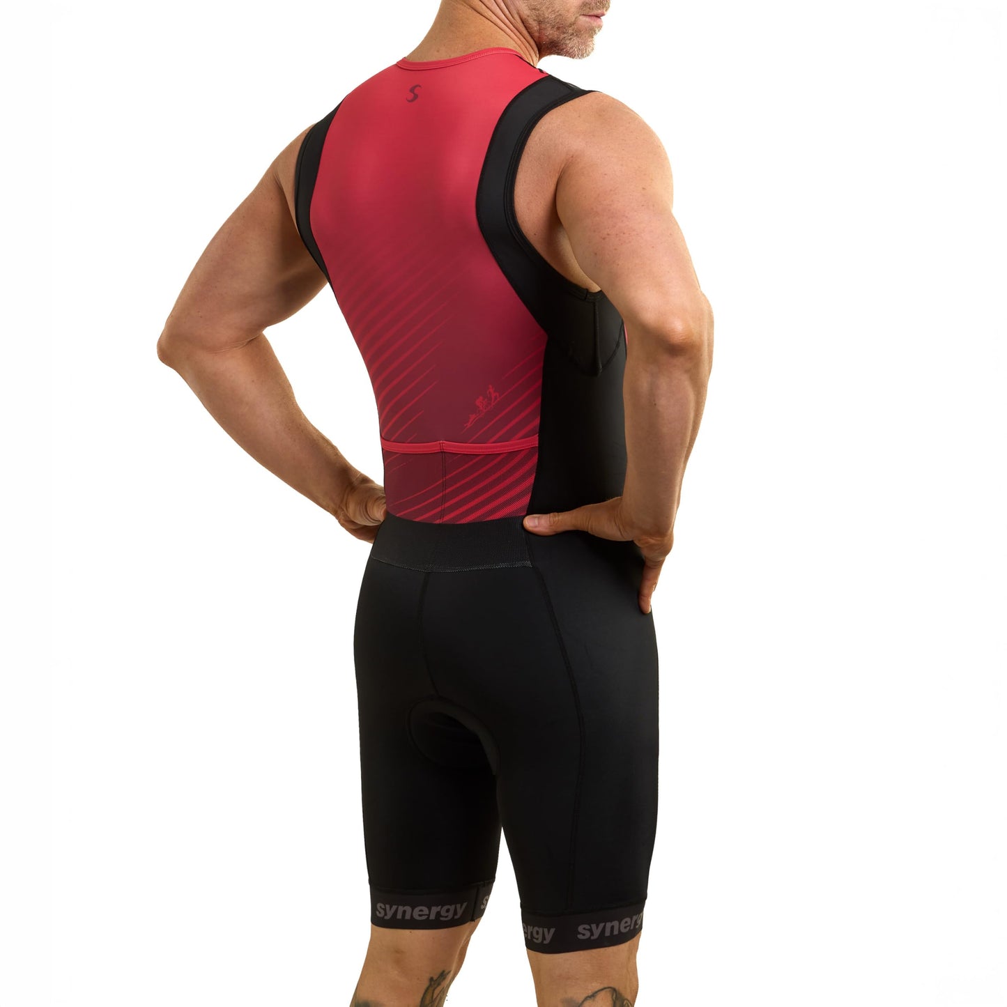Synergy Triathlon Tri Suit - Men's Race Sleeveless Trisuit (Black/Ruby, Small)