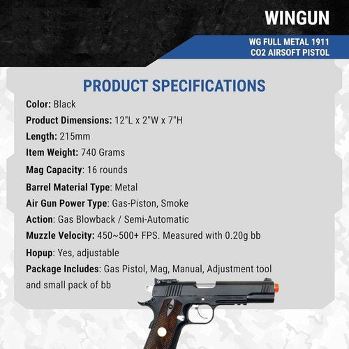 500 fps new full metal wg airsoft m 1911 gas co2 hand gun pistol w/ 6mm bb bbs(Airsoft Gun)