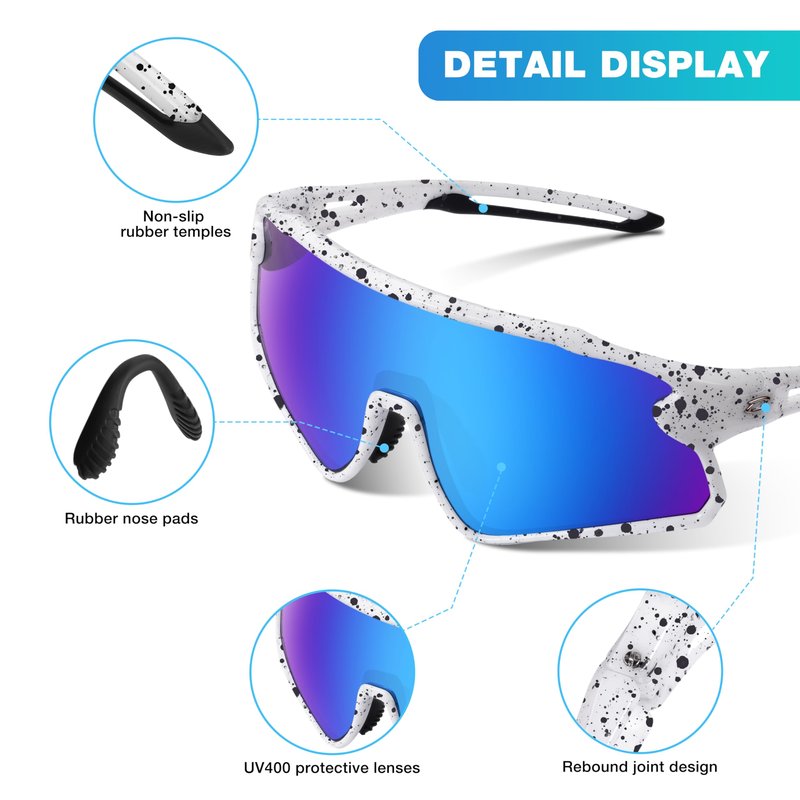 RIVBOS Youth Baseball Sunglasses for Kids(Boys&Girls) Polarized UV Protection Cycling Glasses BlackWhile InkDot Frame IceBlue Lens RYS007