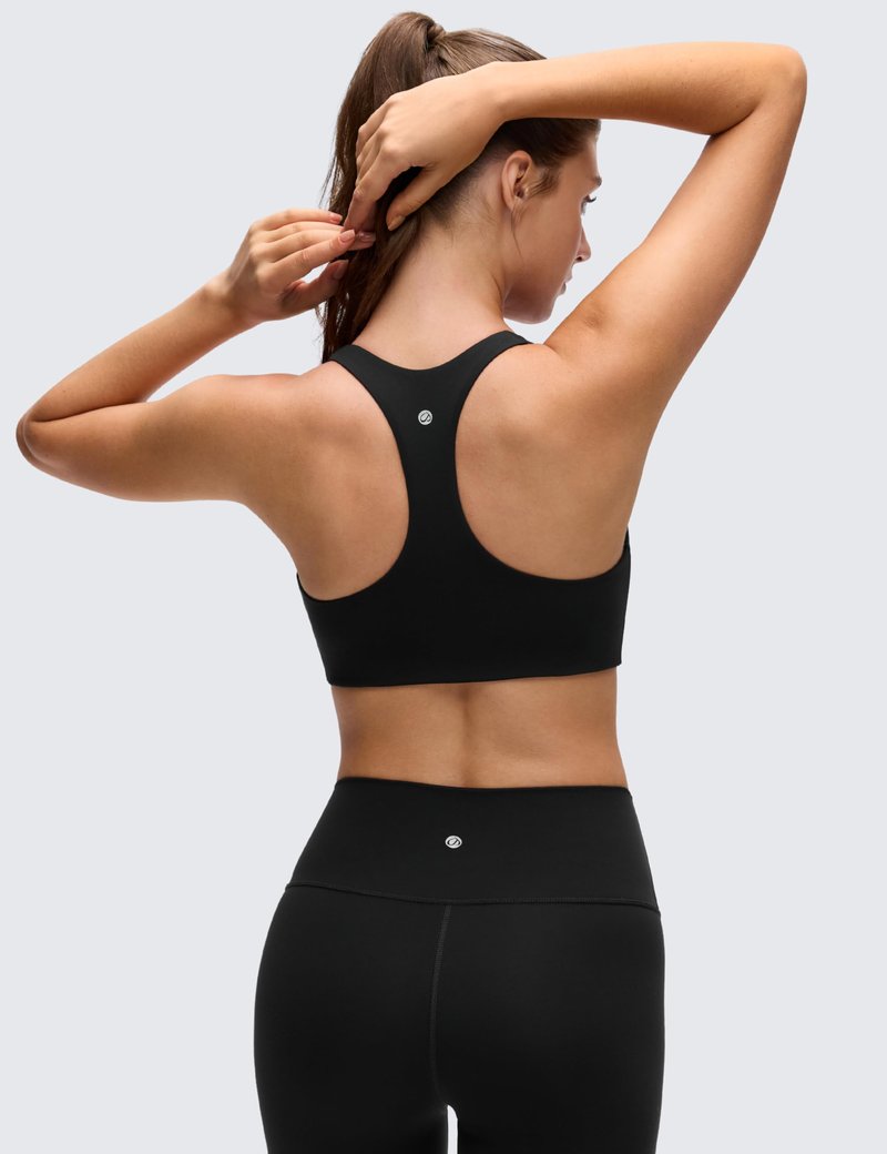 CRZ YOGA Butterluxe Racerback Sports Bras for Women - V Neck Supportive Padded Wireless Athletic Yoga Crop Top Black Medium