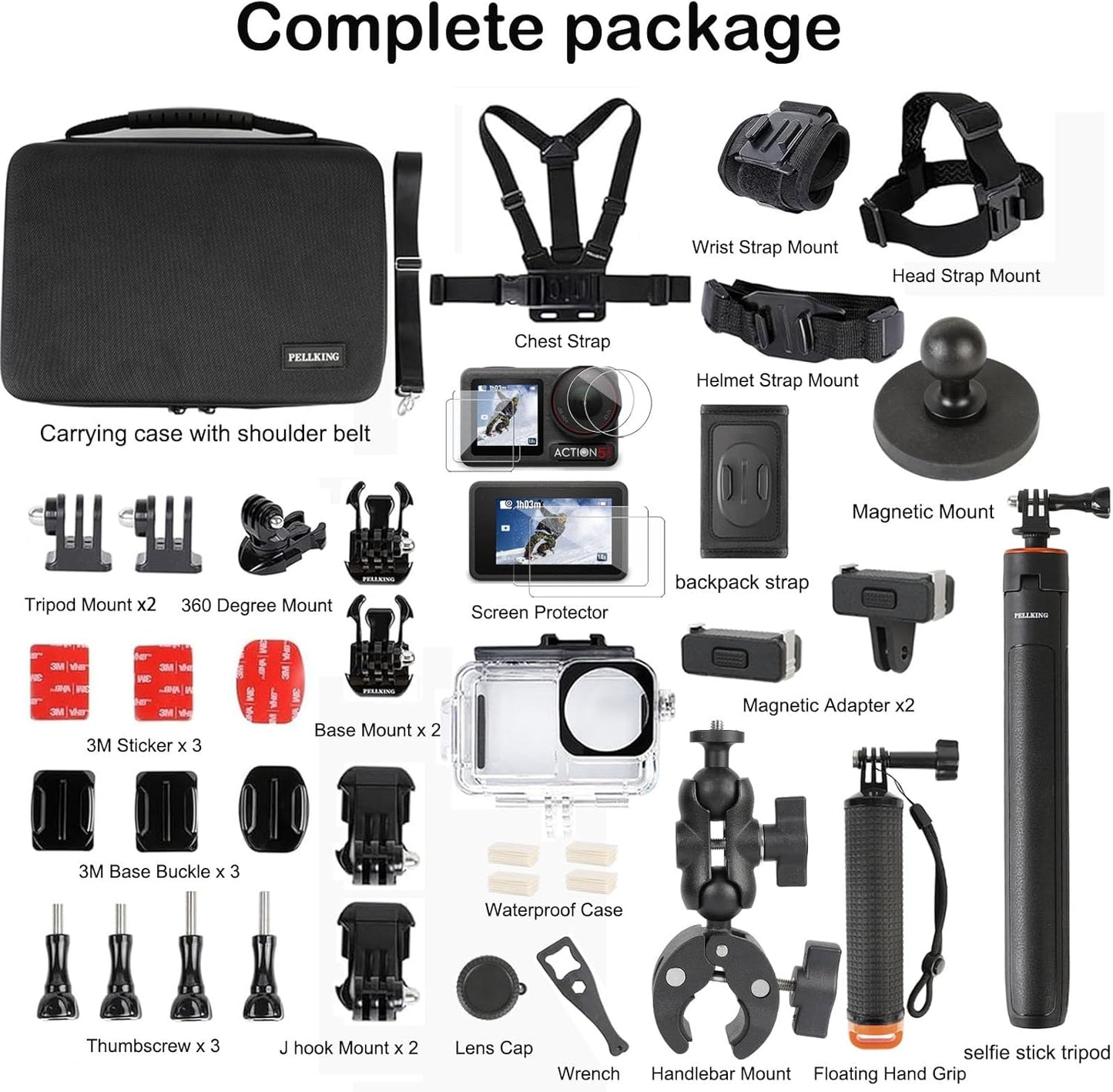 DJI Osmo Action Accessories Kit - Waterproof Case, 135cm Selfie Stick, 4-in-1 Mounts | Tripod & Grip