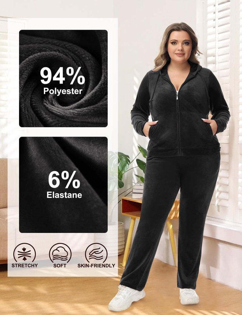 ROYAL MATRIX Womens Plus Size Velour Tracksuit 1X-6X 2 Pieces Velour Sweatsuits Set Full Zip Hoodie & Sweatpant Sets (Black, 3X)