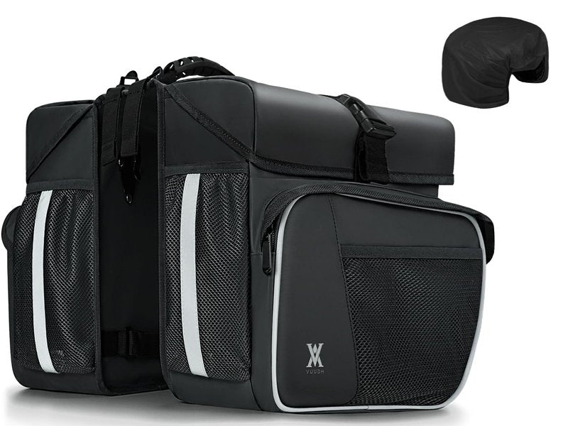 Waterproof Double Panniers Bag - 36L Saddle Bags for Rear Rack Bicycles with Safety Reflective Strips, Bicycle Commuting Pannier Fit Most Bicycle Rack with Rain Cover (With Rain Cover, Black, 36L)