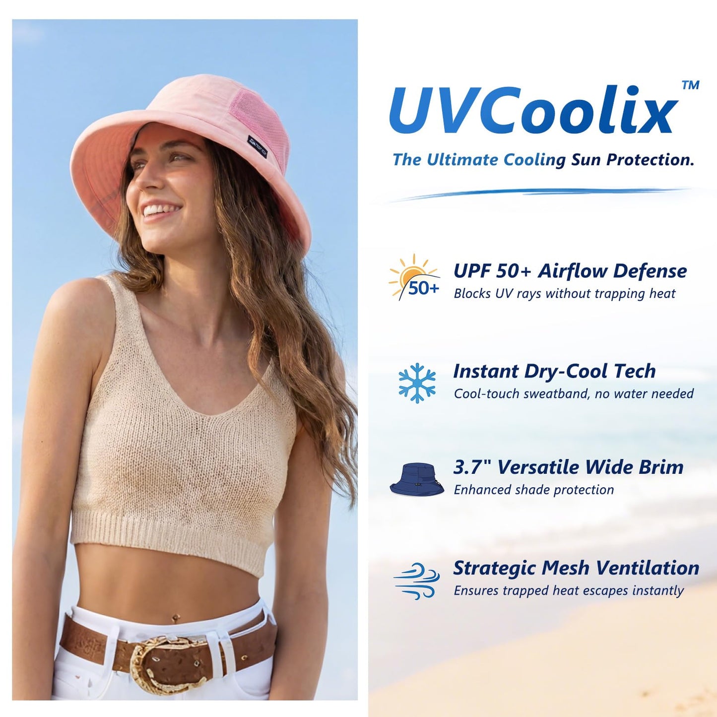 TOP-EX UVCoolix™ Cooling Sun Hat for Women with Ponytail Hole Wide Brim SPF 50 UV Protection Packable Bucket Hat for Travel Beach Gardening Hiking Fishing Camping with Chin Strap Beige L/XL