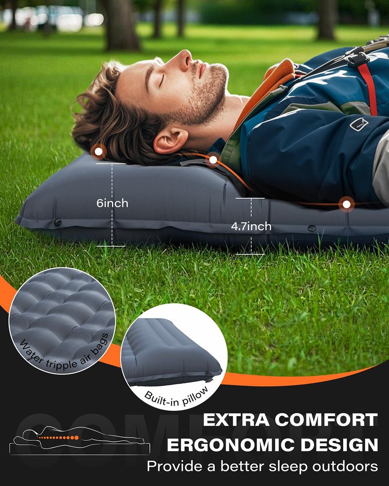 A2C 2025 Stocking Stuffers Foot Pump Thick Camping Sleeping Pad Will Built-in Pillow, Extra Support Air Columns, Ideas, Camping Essentials, Grey