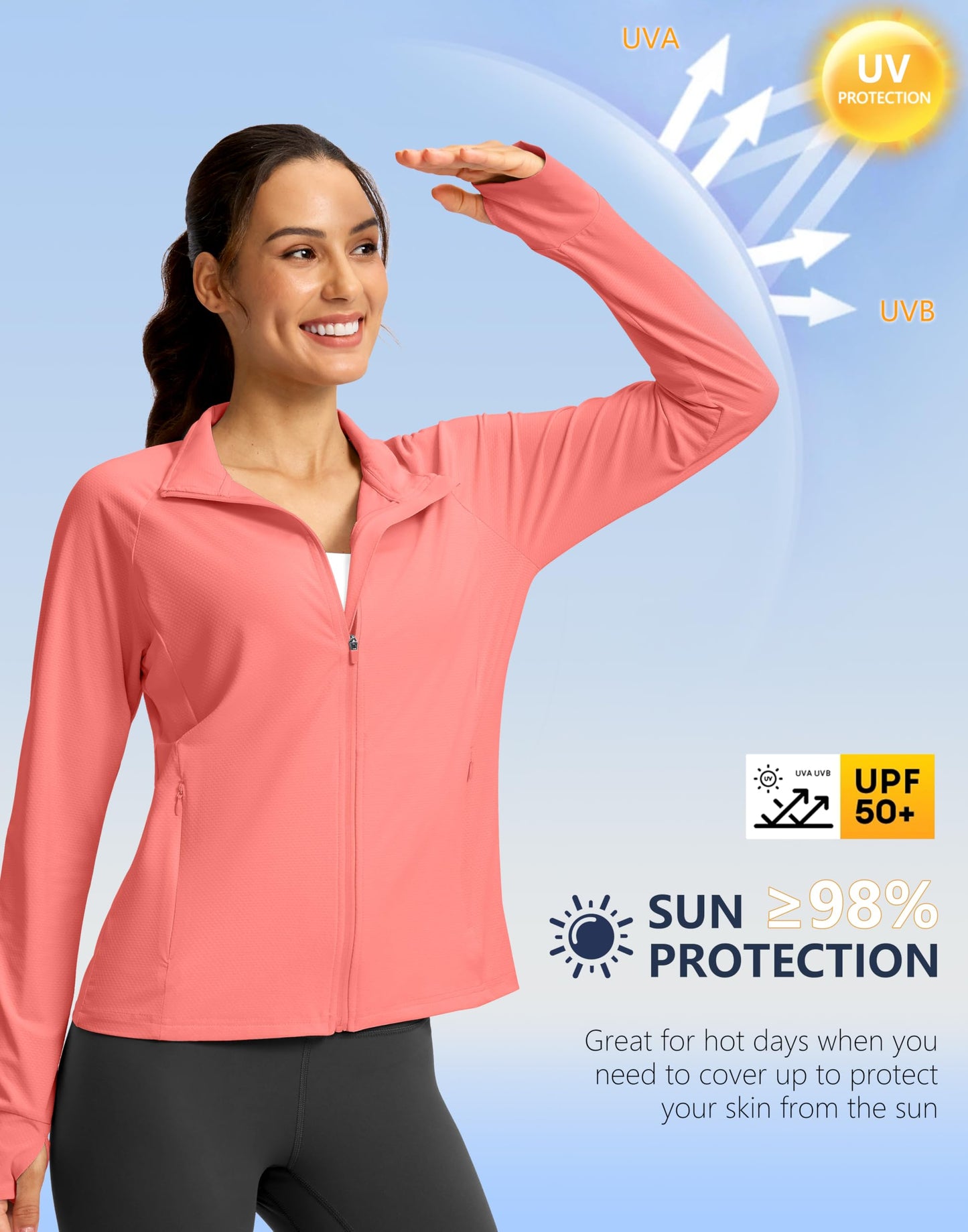 G Gradual Women's UPF 50+ Lightweight Athletic Jacket Sun Protection Zip Up 4 Pockets Long Sleeve Shirts Workout Running, Pink Coral, M