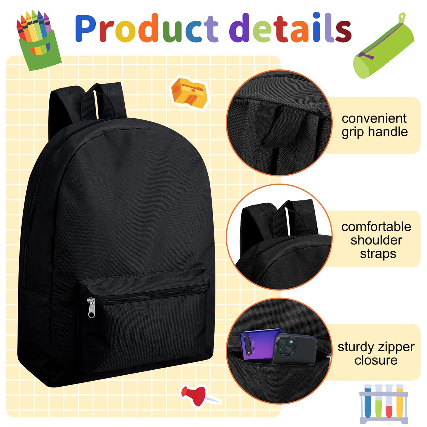 Amylove 12 Pack Backpack in Bulk 17 inch Lightweight Outdoor Travel Bag Classic Bookbags Bulk for Elementary Middle High(Black,Classic)