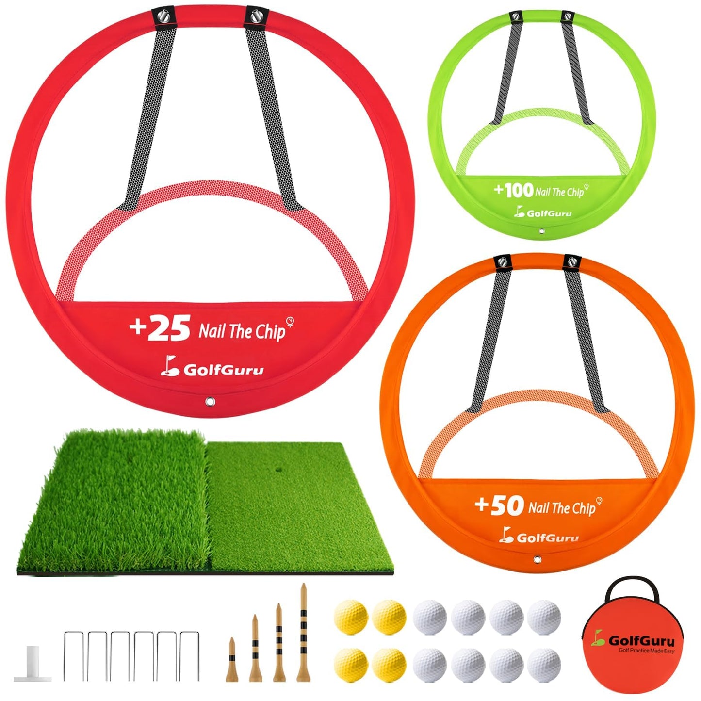 Golfguru Golf Chipping Net, Practice Chipping Net & Foldable Mat with 12 Balls, 4 Tees & Carry Bag, Golf Chipping Game for Adults Indoor Outdoor, Gifts Accessories for Men