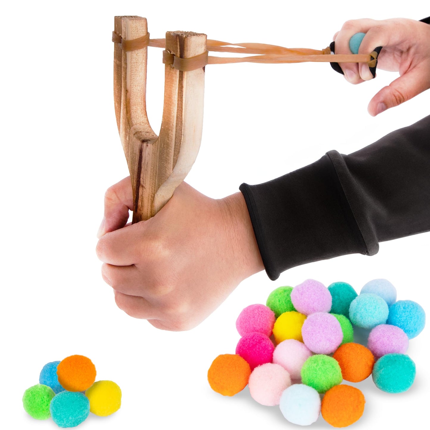 ArtCreativity Wooden Slingshot with 20 Cotton Balls - Wood Slingshot for Kids - Shoots Balls Up to 10 Feet - Soft Balls for Safe Play - Wooden Catapult Outdoor Toys for Kids - Strong Sling Shot Kit