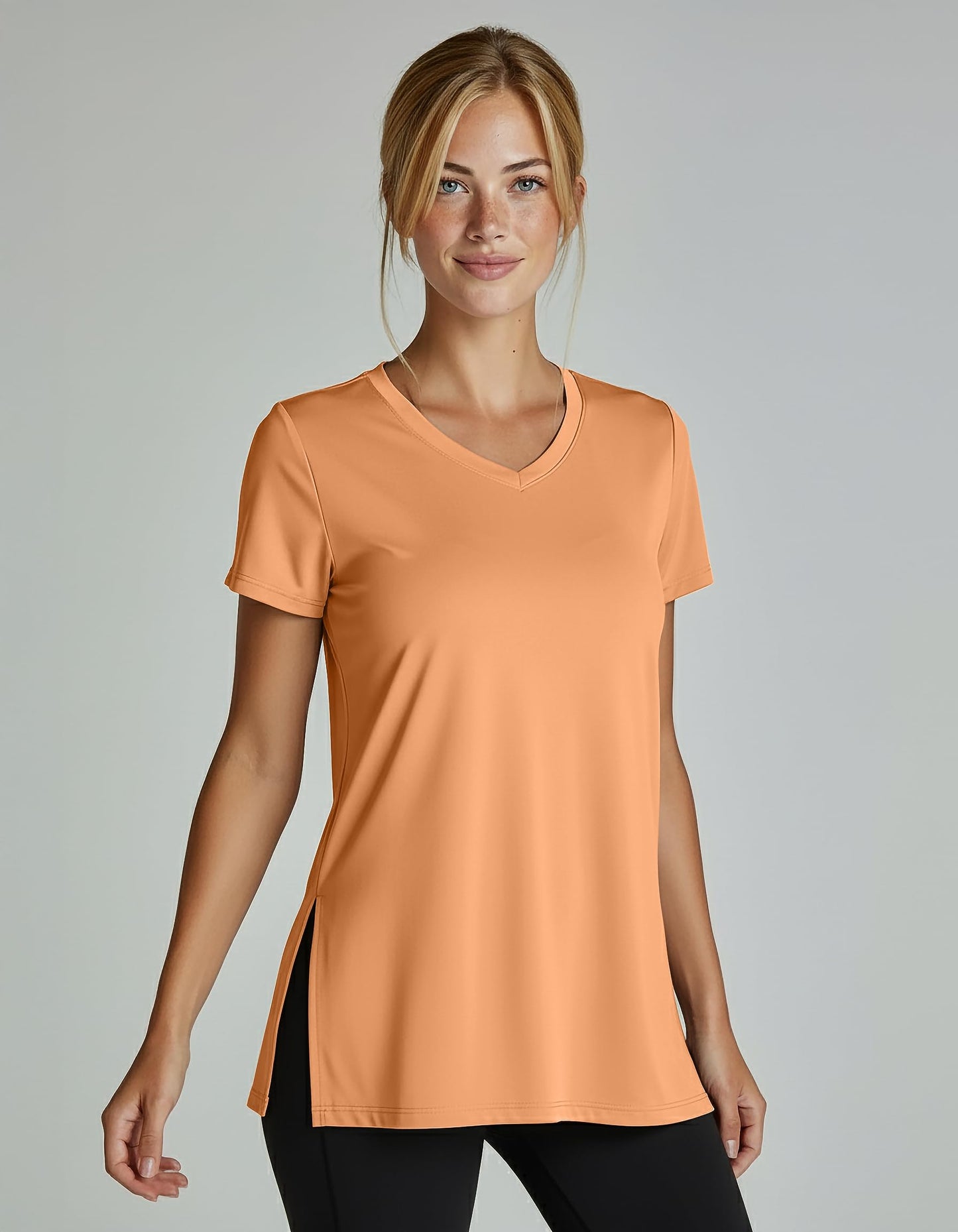 Real Essentials 5 Pack: Women's Short Sleeve Split Hem V-Neck T-Shirts, Athletic Tops, Gym, Workout, Yoga, Activewear- Set 2, S