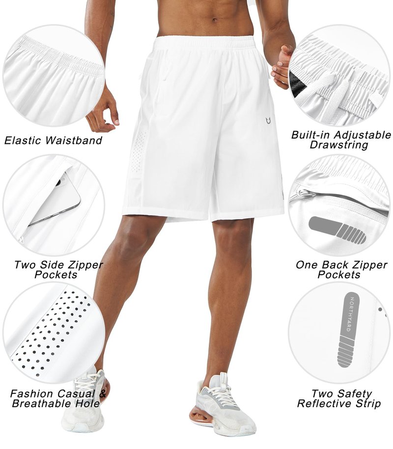 NORTHYARD Men's Athletic Running Shorts Gym Workout 7"/9"/5" Quick Dry Lightweight Sports Basketball Tennis 3 Zipper Pockets White S