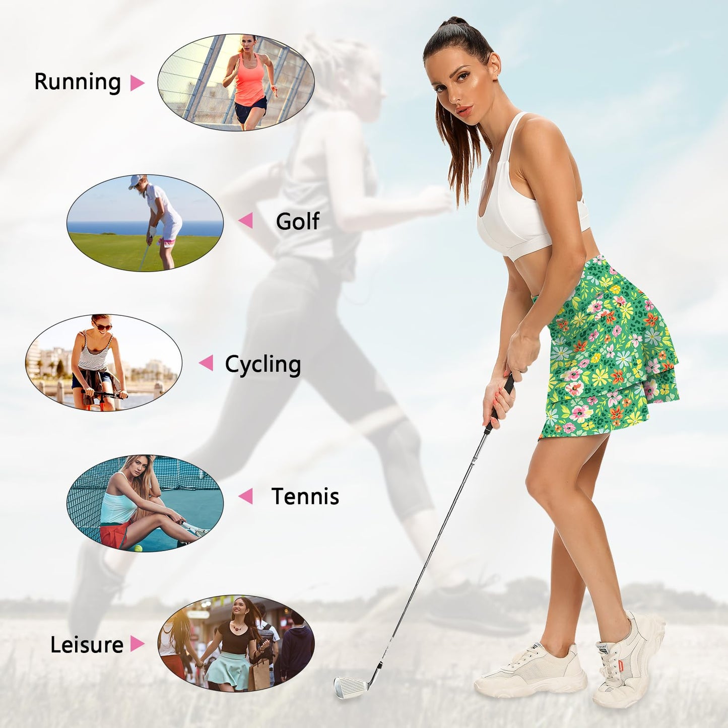 WOWENY Women's Athletic Pleated Tennis Skirt Ladies Active Layered Skort with Pocket Running Golf Skirt with Ruffle for Workout Sports Pickleball(2-Layer Green Flower,S)