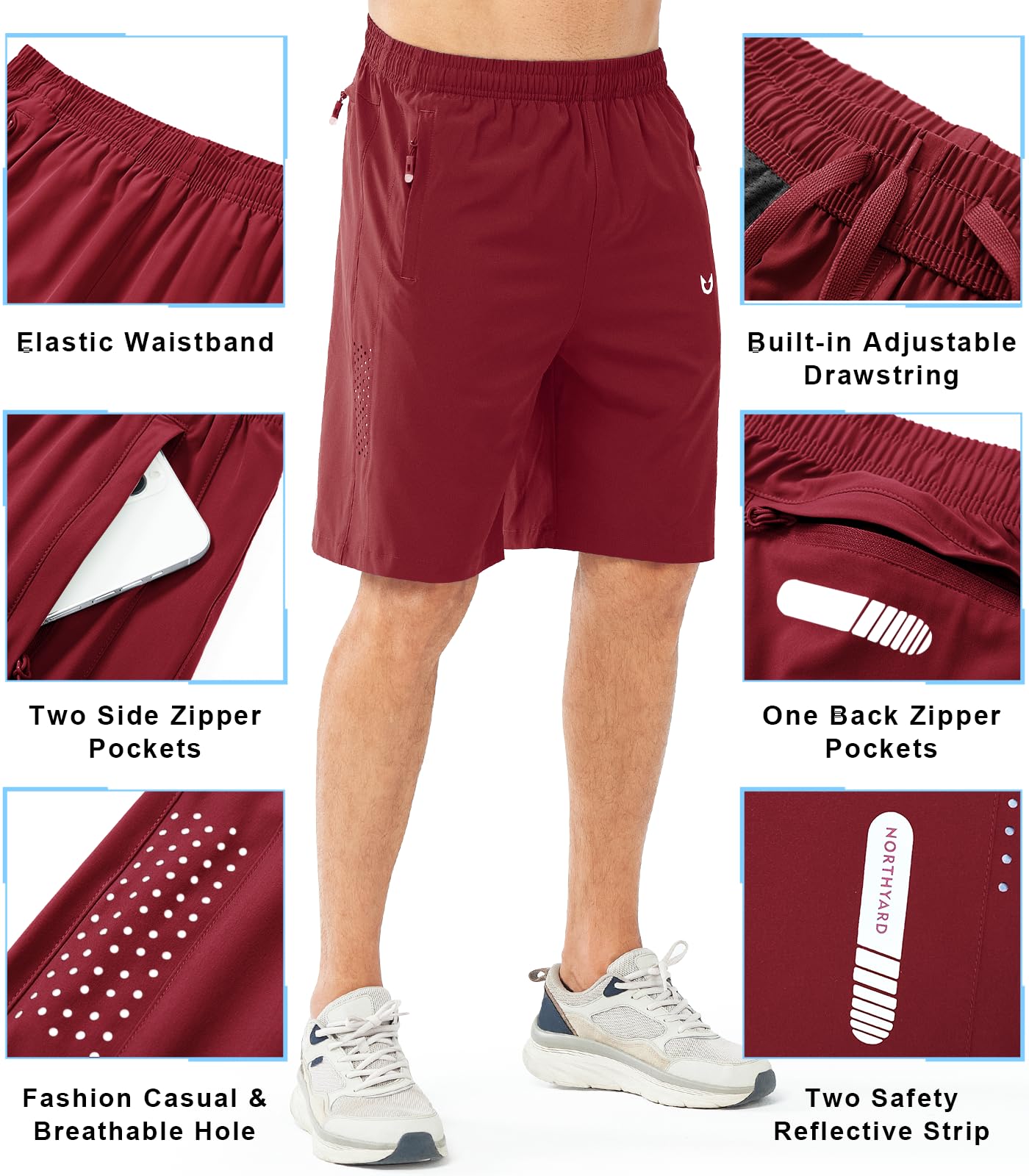 NORTHYARD Men's Athletic Running Shorts Gym Workout 7"/9"/5" Quick Dry Lightweight Sports Basketball Tennis 3 Zipper Pockets WINERED-9inch M