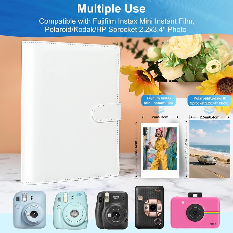 Refillable A5 Photo Album - PU Leather 200 Pocket Binder for Fujifilm Instax Mini & Polaroid Cameras | White