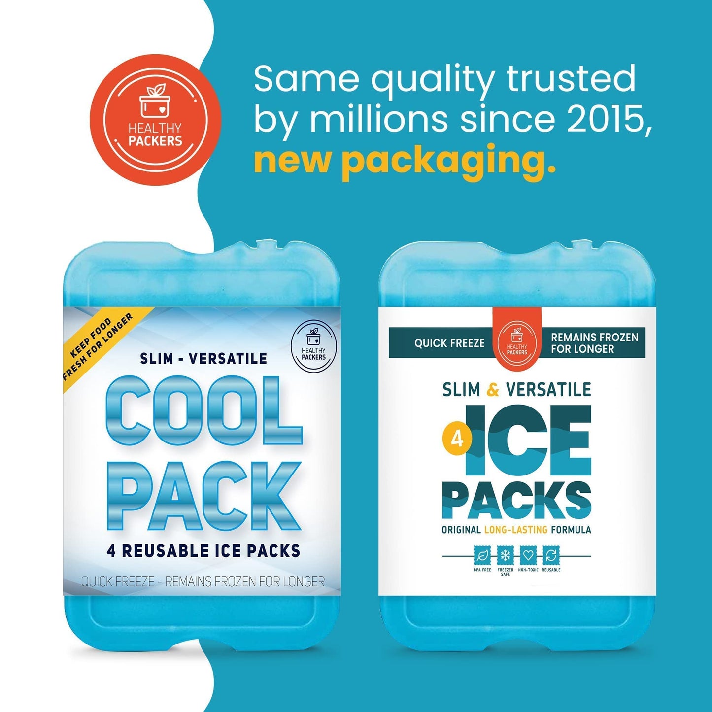 Healthy Packers Ice Packs for Lunch Boxes & Coolers - Freezer Packs - Original Cool Pack | Cooler Accessories for Beach, Camping & Fishing | Slim & Long-Lasting Reusable Ice Pack for Cooler (Set of 4)