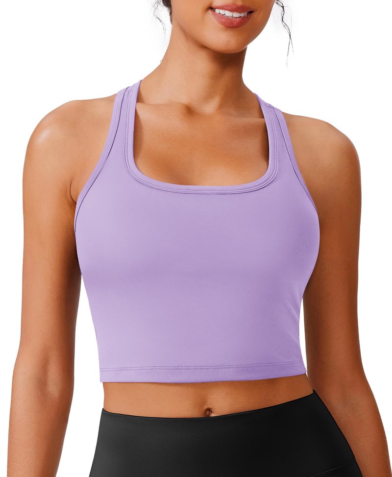 PINSPARK Racerback Sports Bras for Women Workout Tops Built in Bra Longline Padded Tank Tops Yoga Bras for Women Medium,Elfin Purple