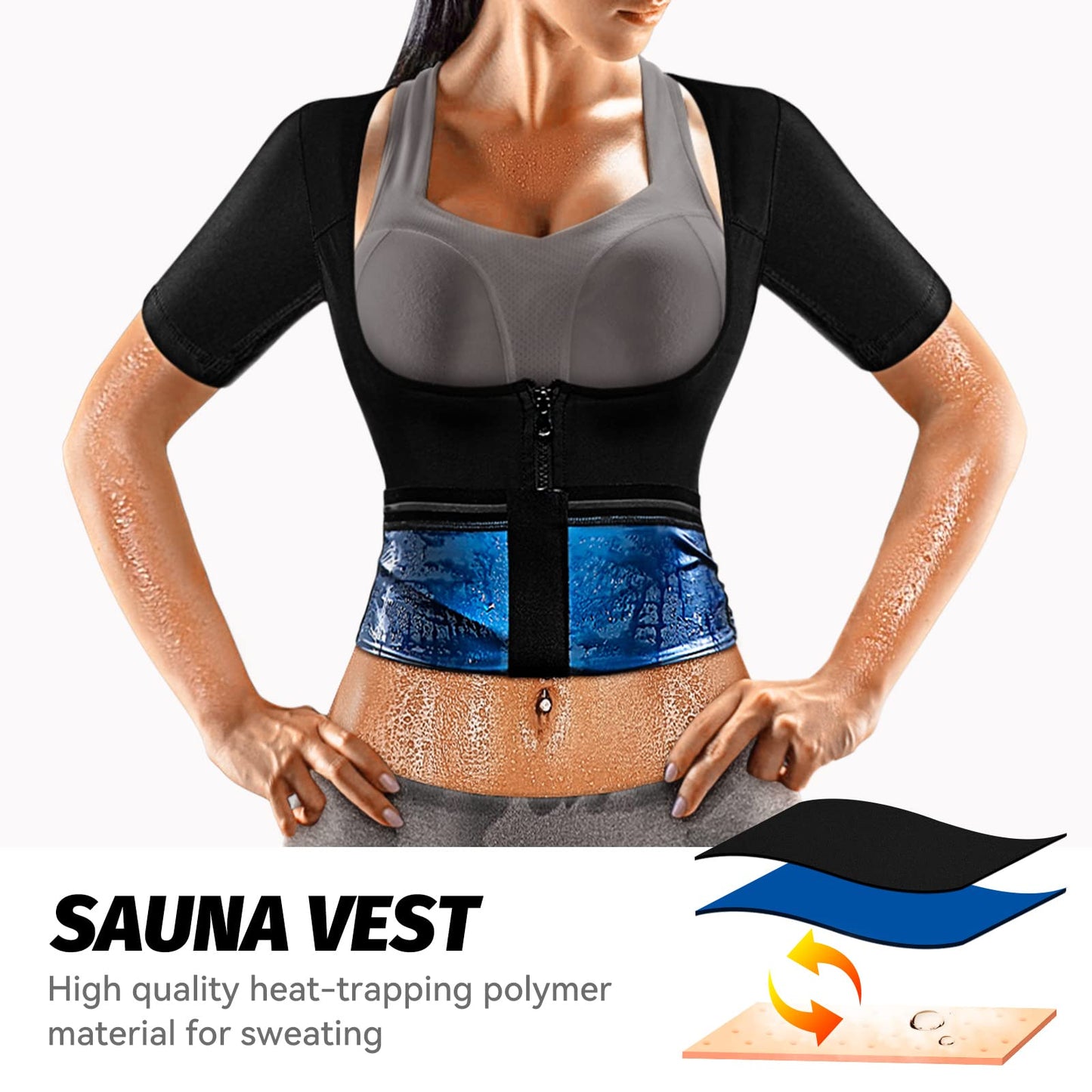 MATKAO Sauna Suit for Women Weight Loss Sauna Shirt for Women Sweat Suit Waist Trainer Vest Fitness Body Shaper Zipper