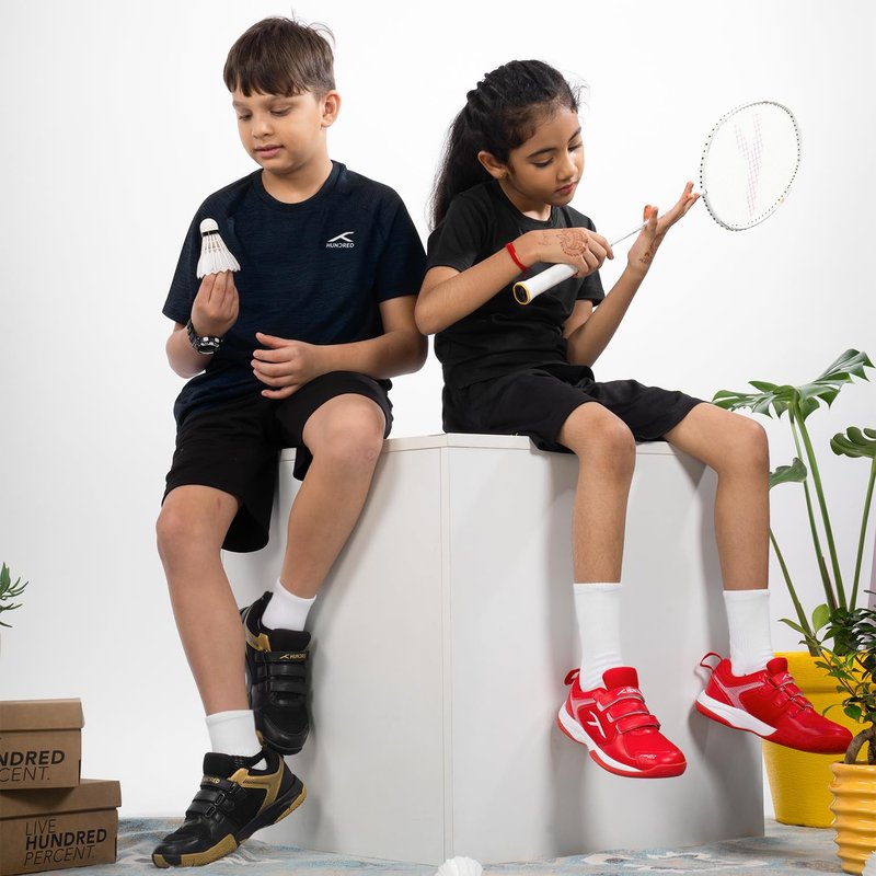 Hundred Court Star Kids Badminton Sports Shoes(Non Marking) | Black-Gold | 3US/2UK/36EU | Lightweight & Durable | X-Cushion Protection | Paddle Pickle | Velcro Closure
