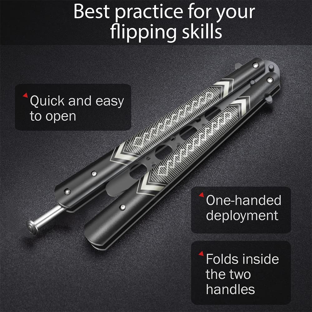 Butterfly Trainer - Practice Balisong - Butterfly Knives NOT Real NOT Sharp Blade - Cool Design - Black Dull Trick - Butter Fly Training - CSGO Fidget Toy - Gift for Husband, Father, Son, Teens K14B
