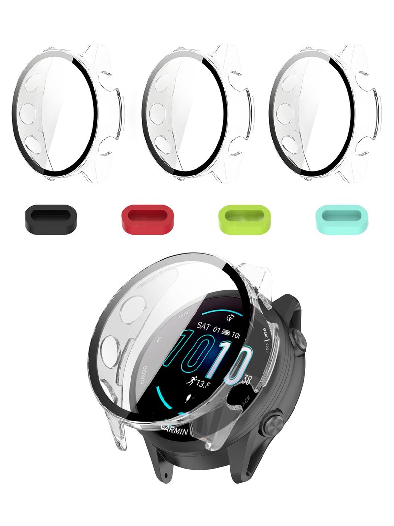 iDaPro [3Pack Clear Screen Protector Case for Garmin Forerunner 570 47mm,Full Protective Cover with Built-in 9H Tempered Glass &4 Silicone Dust Plugs,Hard PC Shell,Complete Protection for Running,Gym