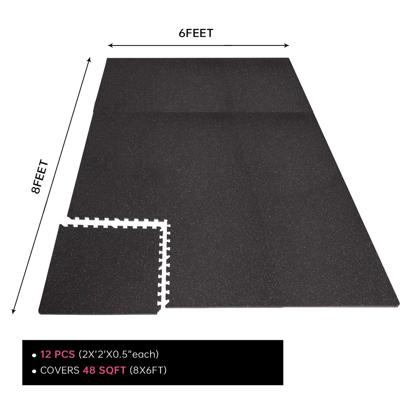 0.56 Inch Thick Gym Flooring for Home Gym with Rubber Top - 48 Sq Ft Interlocking Gym Floor Tiles - Workout Equipment Vibration Reduction Mats - 12 Pcs 24 x 24in Tile, Black & Pink