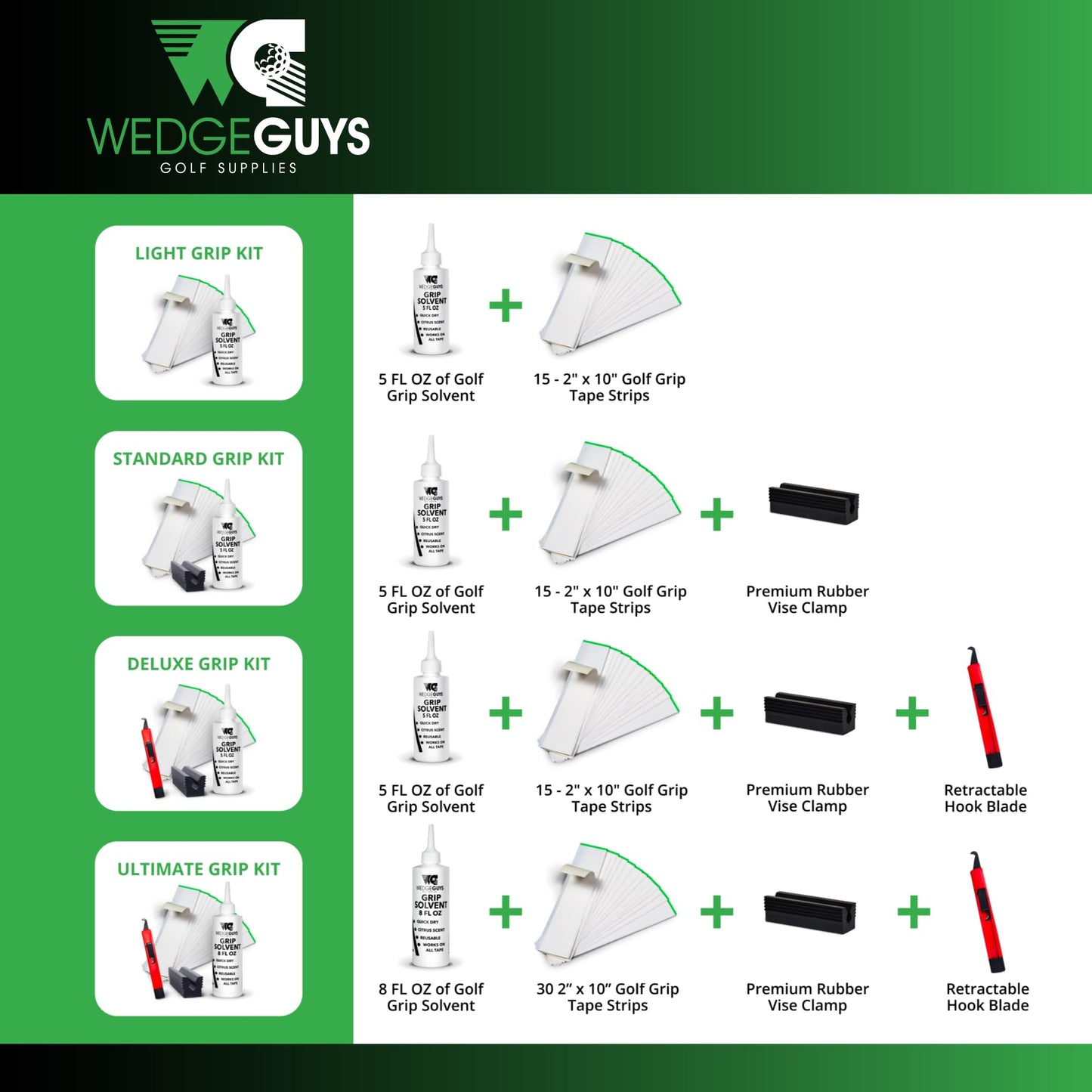 Wedge Guys Golf Grip Kits for Regripping Golf Clubs - Professional Quality - Options Include Hook Blade, 15 or 30 Grip Tape Strips, 5 or 8 oz Grip Solvent & Rubber Vise Clamp