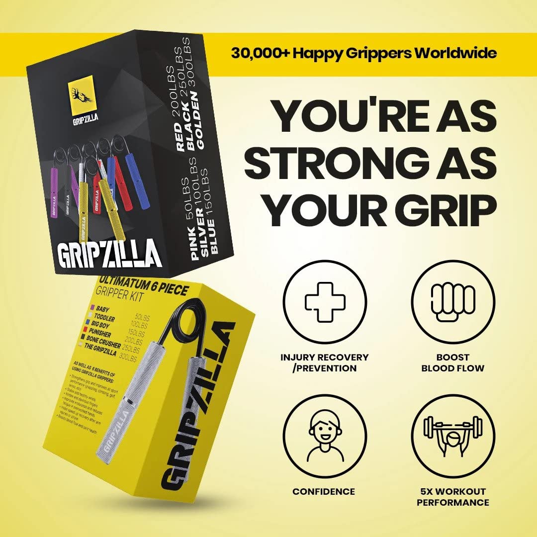 GRIPZILLA Grip Strength Trainer 50-300lb, 6Pack, Pink+Silver+Blue+Red+Yellow+Black