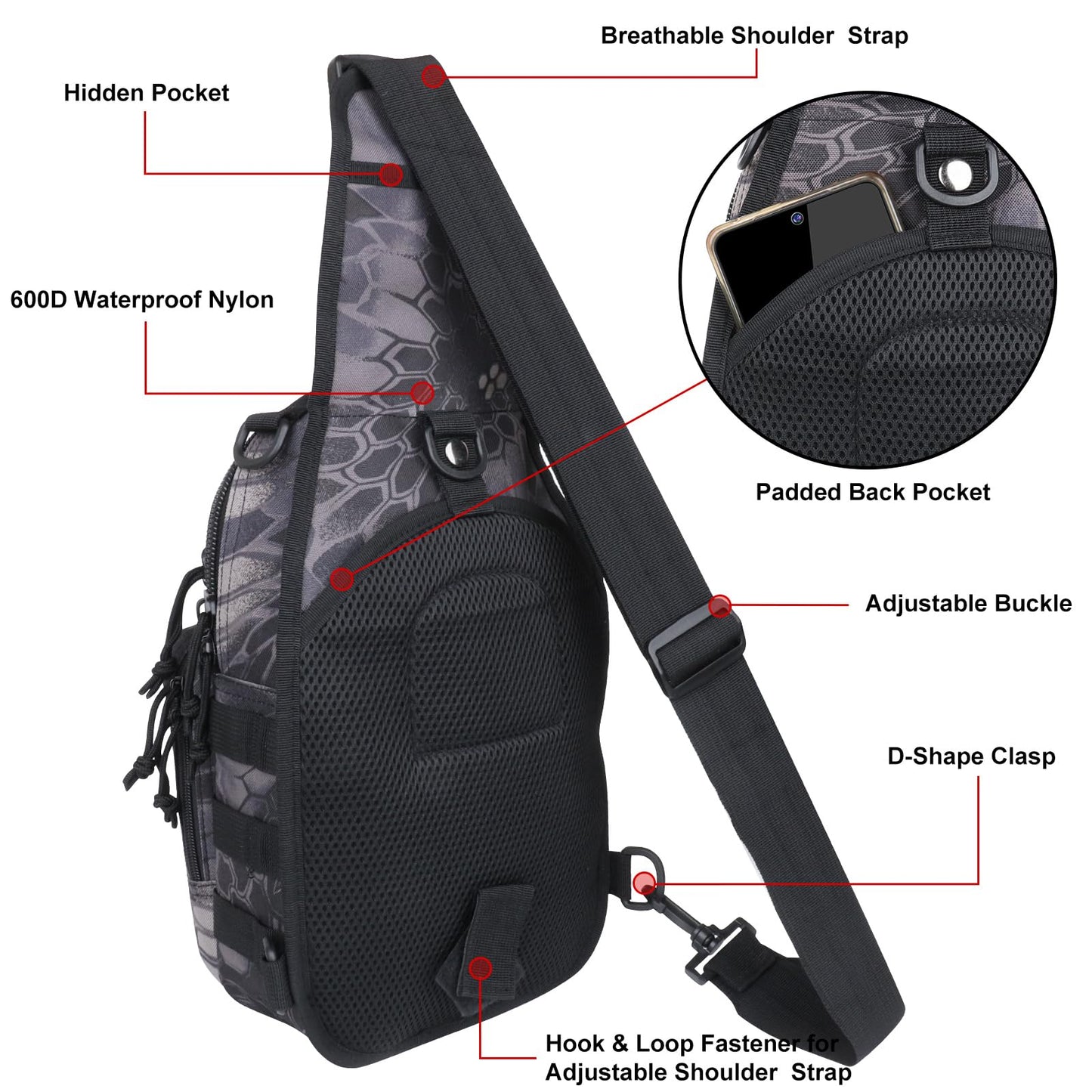 Qcute Tactical Backpack, Waterproof Military Cross-body Molle Sling Shoulder Backpack Chest Bag for Outdoor Every Day Carry (Pythons Grain Black)