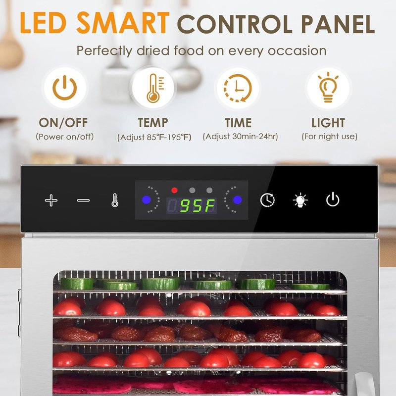 Food Dehydrator Machine - 12 Stainless Steel Trays, Digital Timer & Adjustable Temp Control for Jerky, Fruits | BPA-Free, Overheat Protection, Recipe Book Included