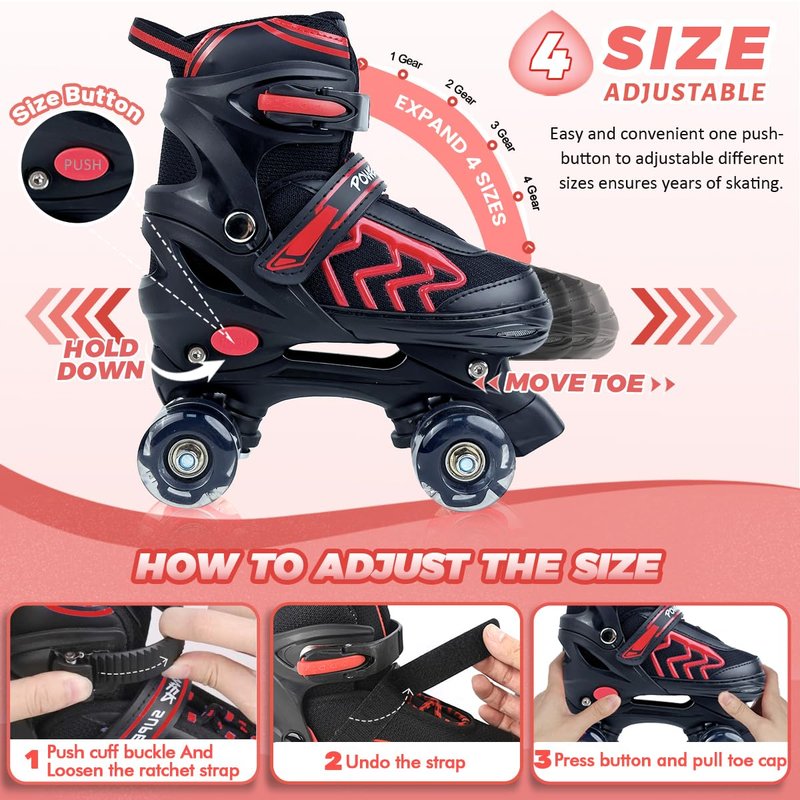 HXWY Kids Roller Skates for Boys Girls Child, Adjustable 4 Sizes Roller Skates for Kids and Youth with Light Up Wheels, Quad Black & Red Roller Skates for Sports (Youth 4-7)
