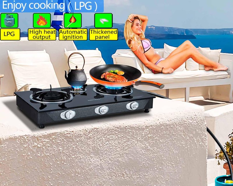 Horynar Propane Stove 3 Burner, Propane Burner, Auto Ignition, Gsa Stove 28,000 BTU,Thickened High-temperature Glass, Easy to Clean, with CSA Hose for Outdoor Cooking, RV, Emergency