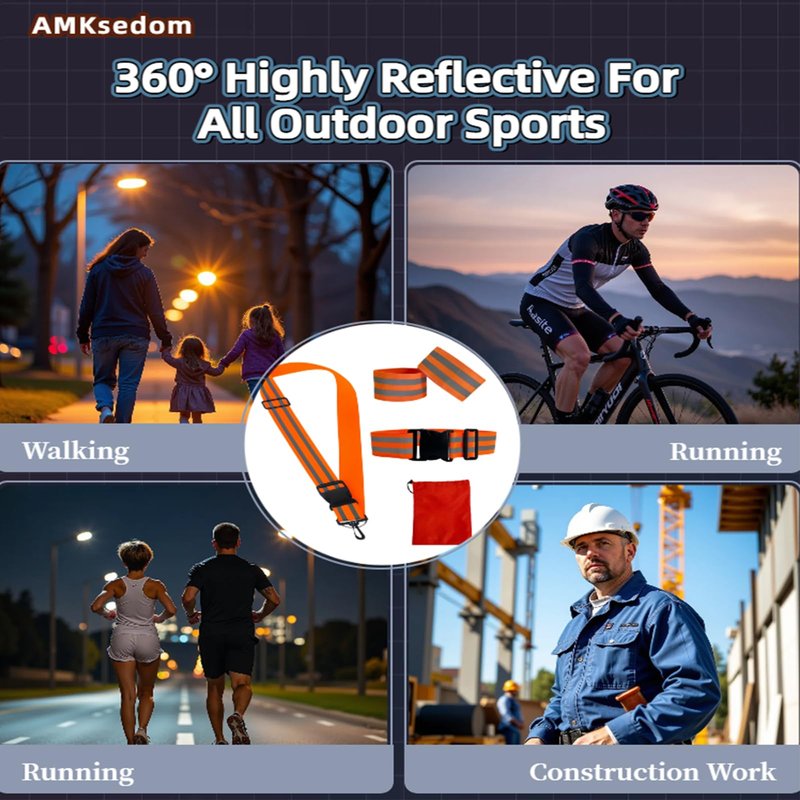 AMKsedom 4 Pcs Reflective Running Gear Set, Night Dog Walking Safety Gear, High Visibility Reflective Sash, Belt & Armband for Running, Cycling, Night Walking - Adjustable for Men, Women, Kids