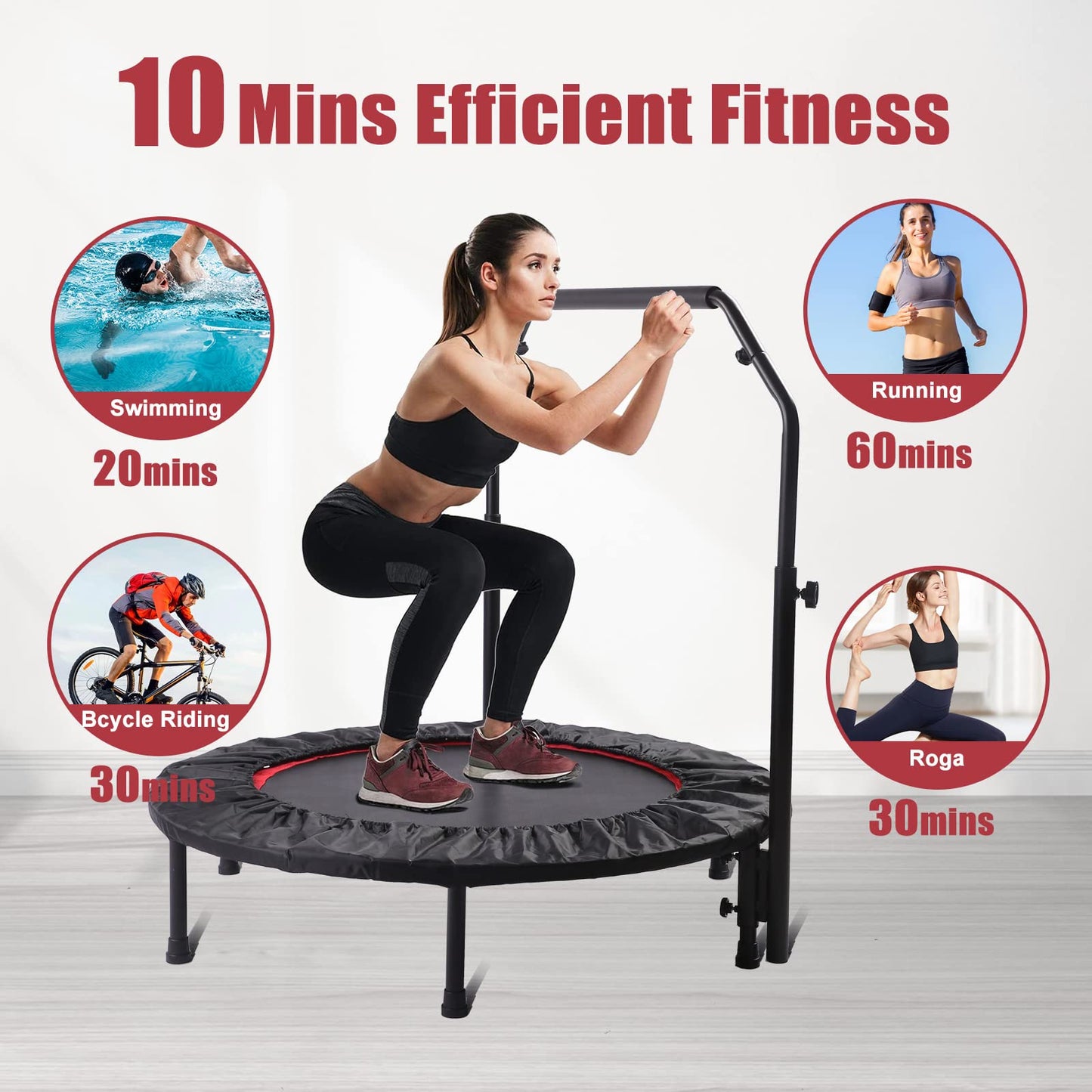 40" Rebounder Trampoline for Adults with Bar - Foldable Mini Exercise Trampoline, Small & Portable Workout Trampoline for Fitness