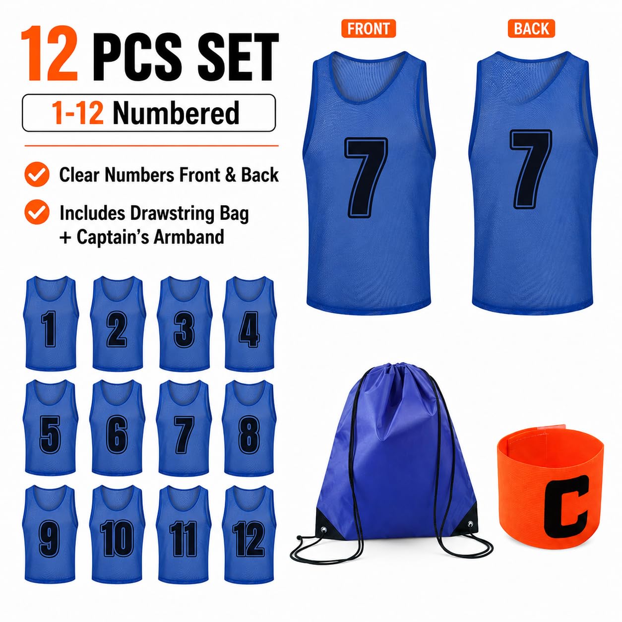 TOEPODO Pinnies Set of 12 Scrimmage Vests Soccer Bibs Sports Pinnies Team Practice Jerseys for Youth & Kids with Drawstring Bag & Captain's Armband（Blue）