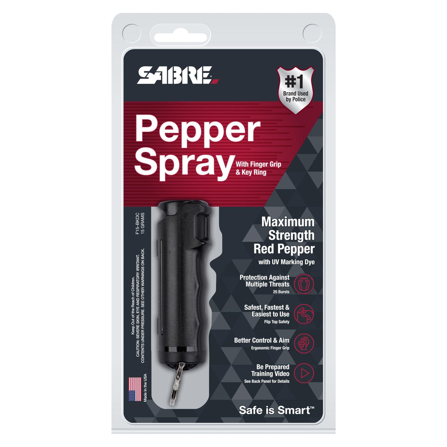 SABRE Pepper Spray with Fast Flip Top, Maximum Police Strength OC Spray, Key Ring for Easy Carry and Fast Access, Finger Grip for More Accurate and Faster Aim, 0.54 fl oz, Secure and Easy to Use