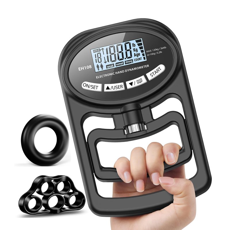Grip Strength Tester & Trainer - Digital Hand Dynamometer, Adjustable Forearm Strengthener up to 265lbs /120kg, Handheld Gauge Meter for Sports Training, School & Home Use