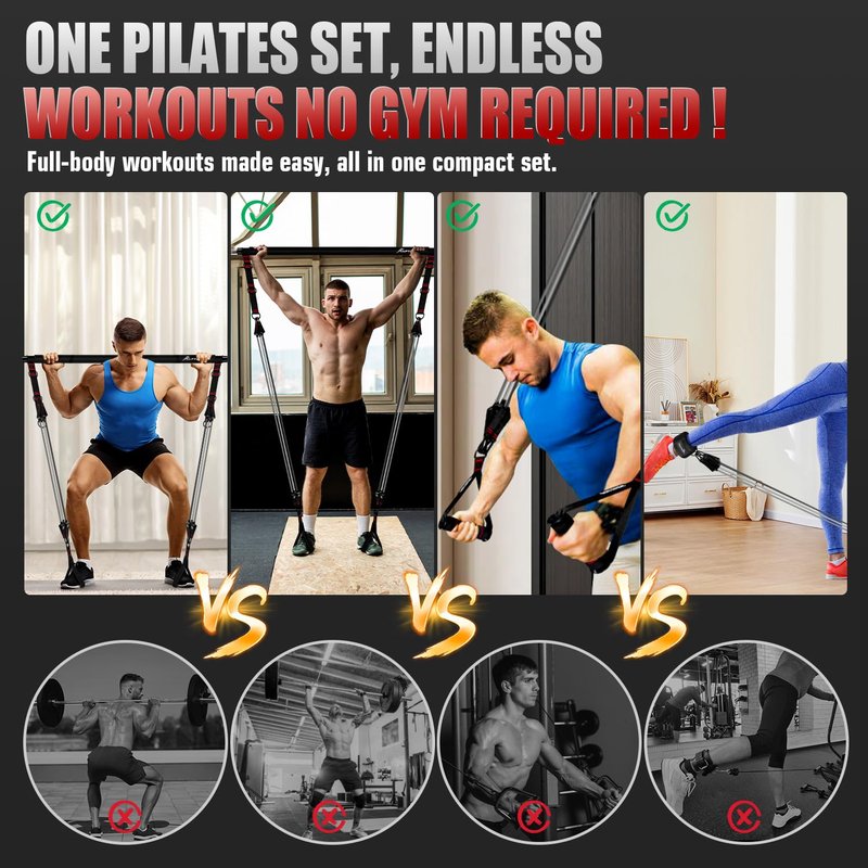 HPYGN Pilates Bar Kit with Resistance Bands, Heavy Duty Multifunctional Pilates Workout Equipment for Strength Training, HIP, Back, Arms, Ab, Shoulders, Portable Home Gym & Travel Fitness Gear for Men