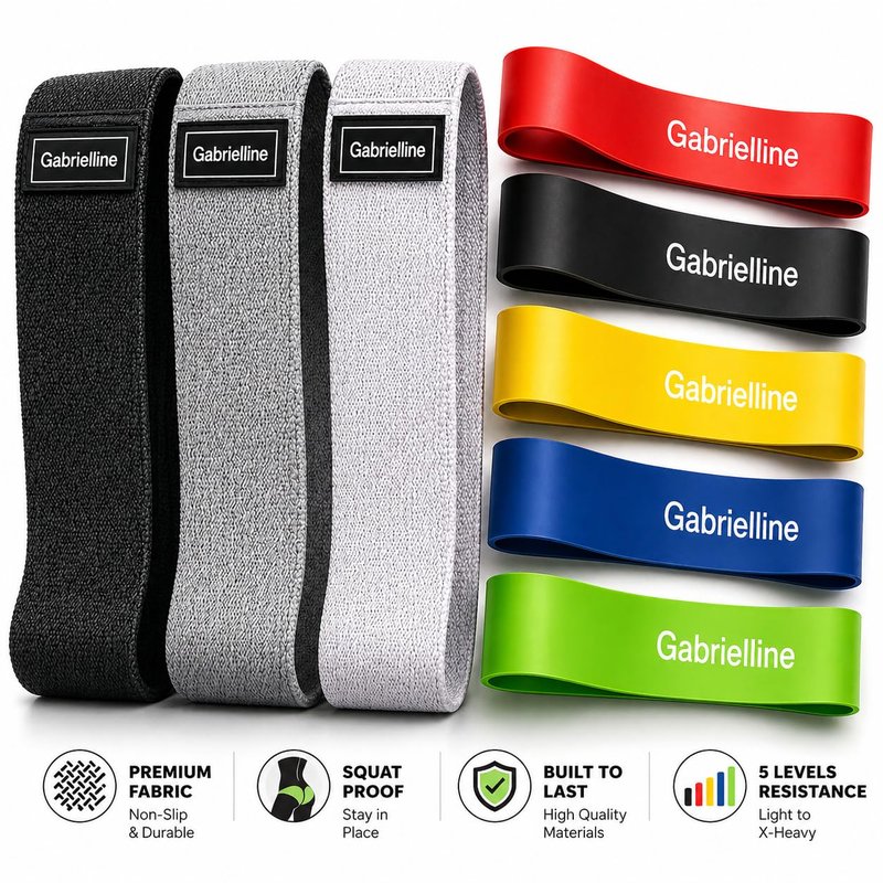 Gabrielline 8-Piece Resistance Bands Set – 5 Latex Bands + 3 Fabric Booty Bands – Full Body Home Workout Kit for Women & Men
