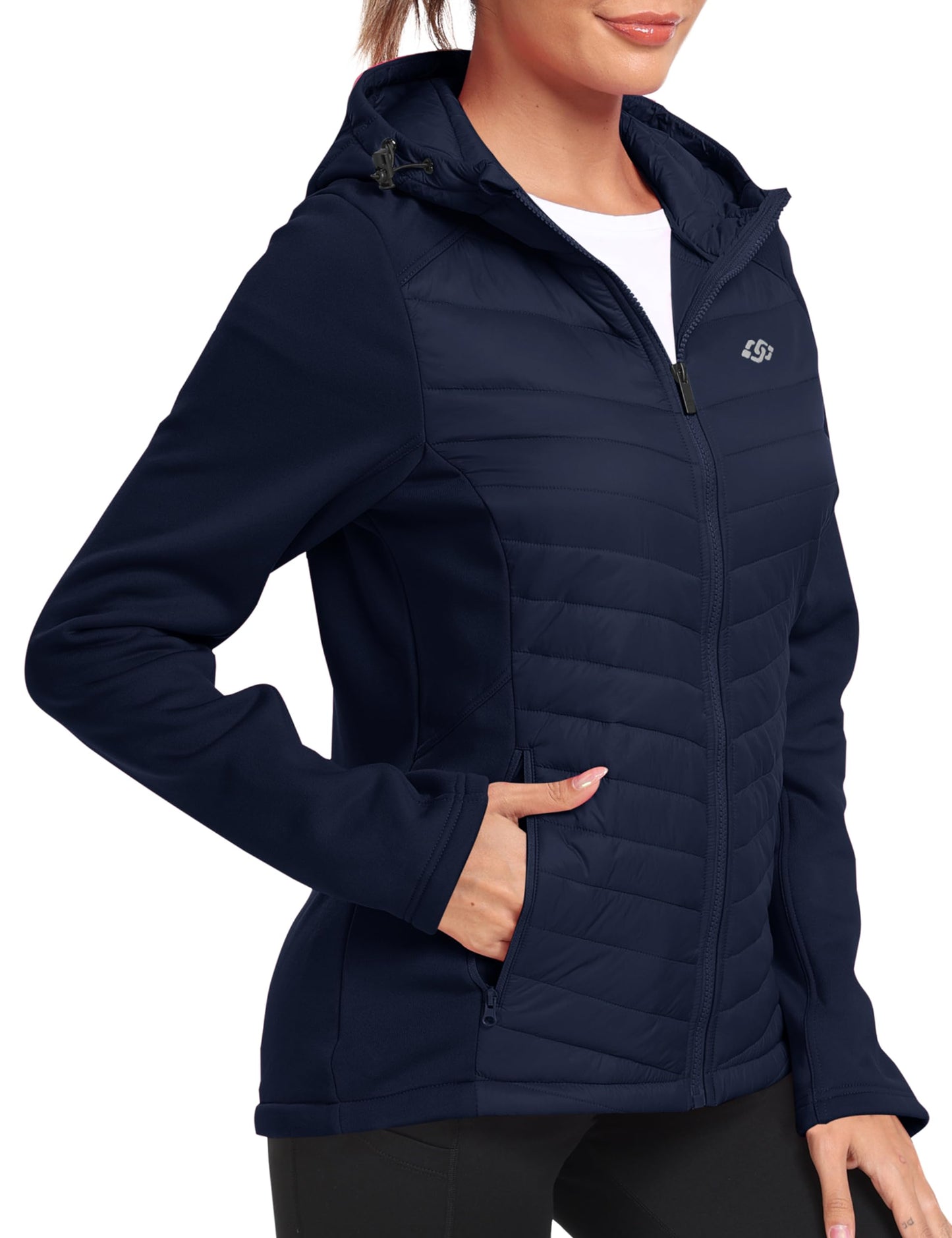 MoFiz Women's Insulated Running Jackets Puffer Hybrid Down Jacket Hiking Stretch Zip Pockets Fleece Lined with Hoodie Cold Weather Navy M