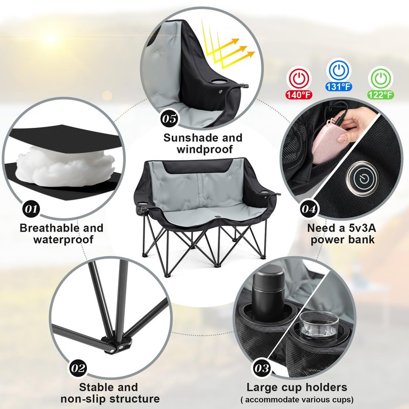 Heated Double Camping Chair for Adults, 4 Heating Zones & 3 Heat Levels, Padded Loveseat Oversize Folding Chair Portable for Outdoor Sports Lawn, Use 5v/3a Power Bank (Not Included)(Black, Gray)