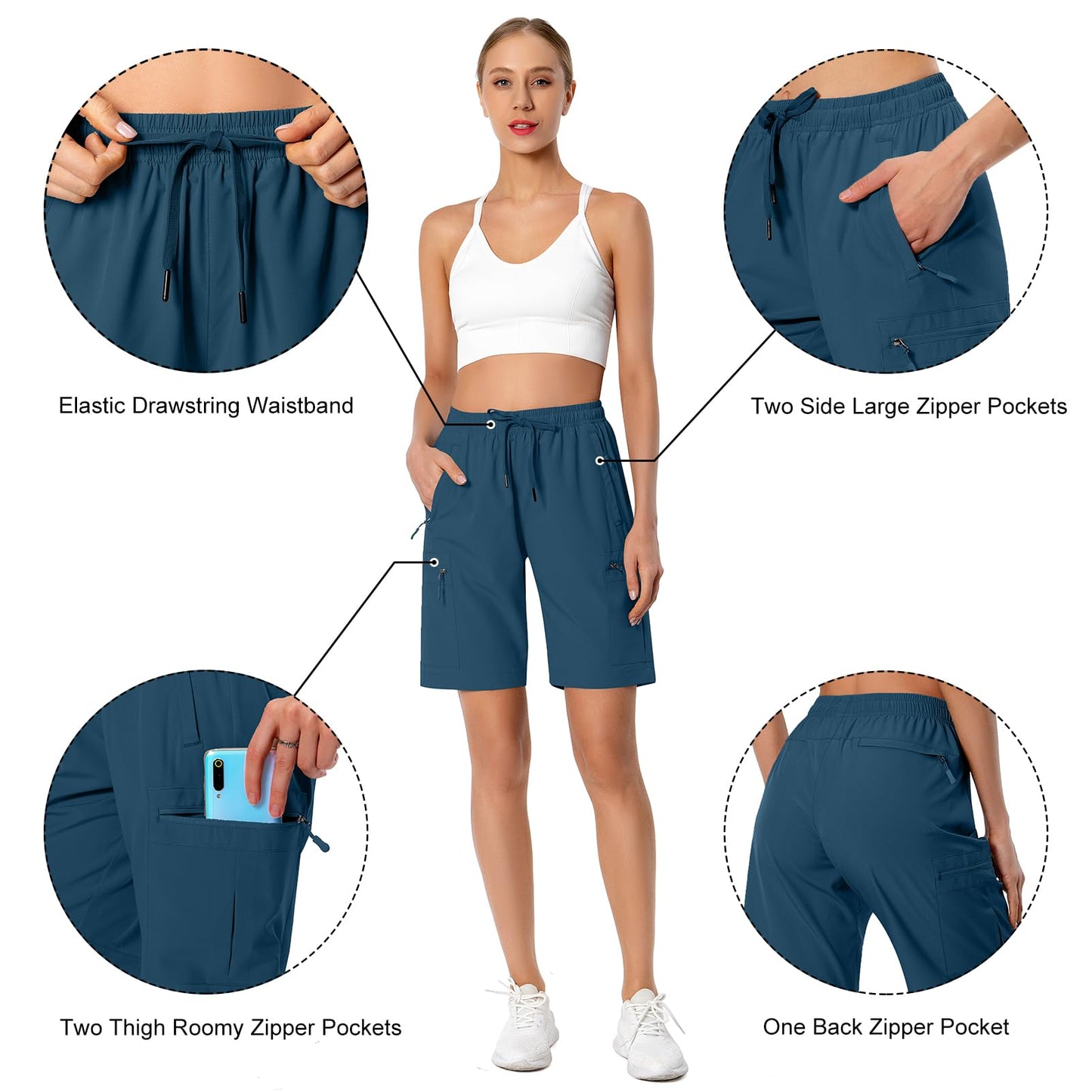 Hugut Women's Lightweight Hiking Cargo Shorts Quick Dry Athletic Shorts Camping Travel Golf Zipper Pockets Water Resistant Dusty Blue