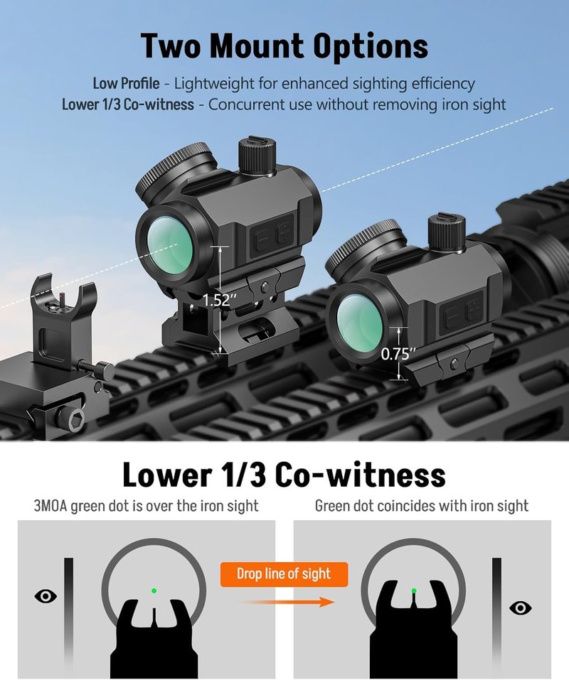 Rechargeable Red/Green Dot Sight - 3 MOA Compact Scope | 1x21mm Optics, IPX7 Waterproof, Low-Profile Mount
