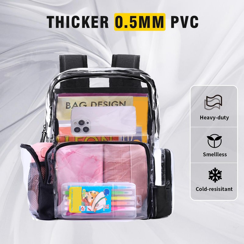 Vorspack Clear Backpack Heavy Duty - Extra Large Transparent Bookbag with Reinforced Bottom See Through Bag for College Workplace Security - Black
