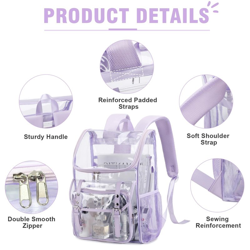DIGOBAY Clear Backpack with Lunch Bag Set, Leather Clear Backpack Heavy Duty Thick PVC Bookbag Fashion See Through Transparent Backpacks with Support Pad for College Travel Work Purple