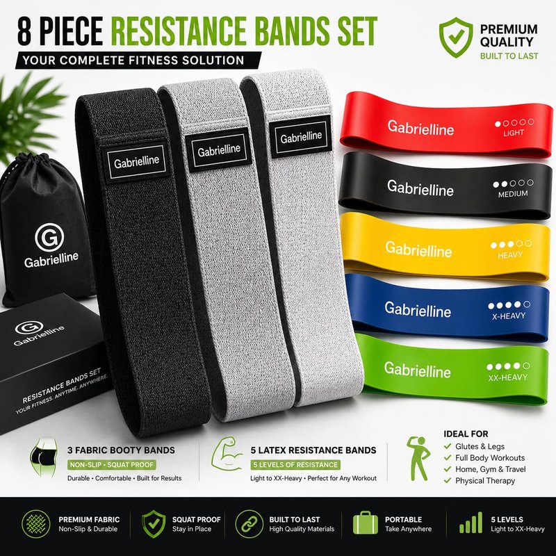 Gabrielline 8-Piece Resistance Bands Set – 5 Latex Bands + 3 Fabric Booty Bands – Full Body Home Workout Kit for Women & Men